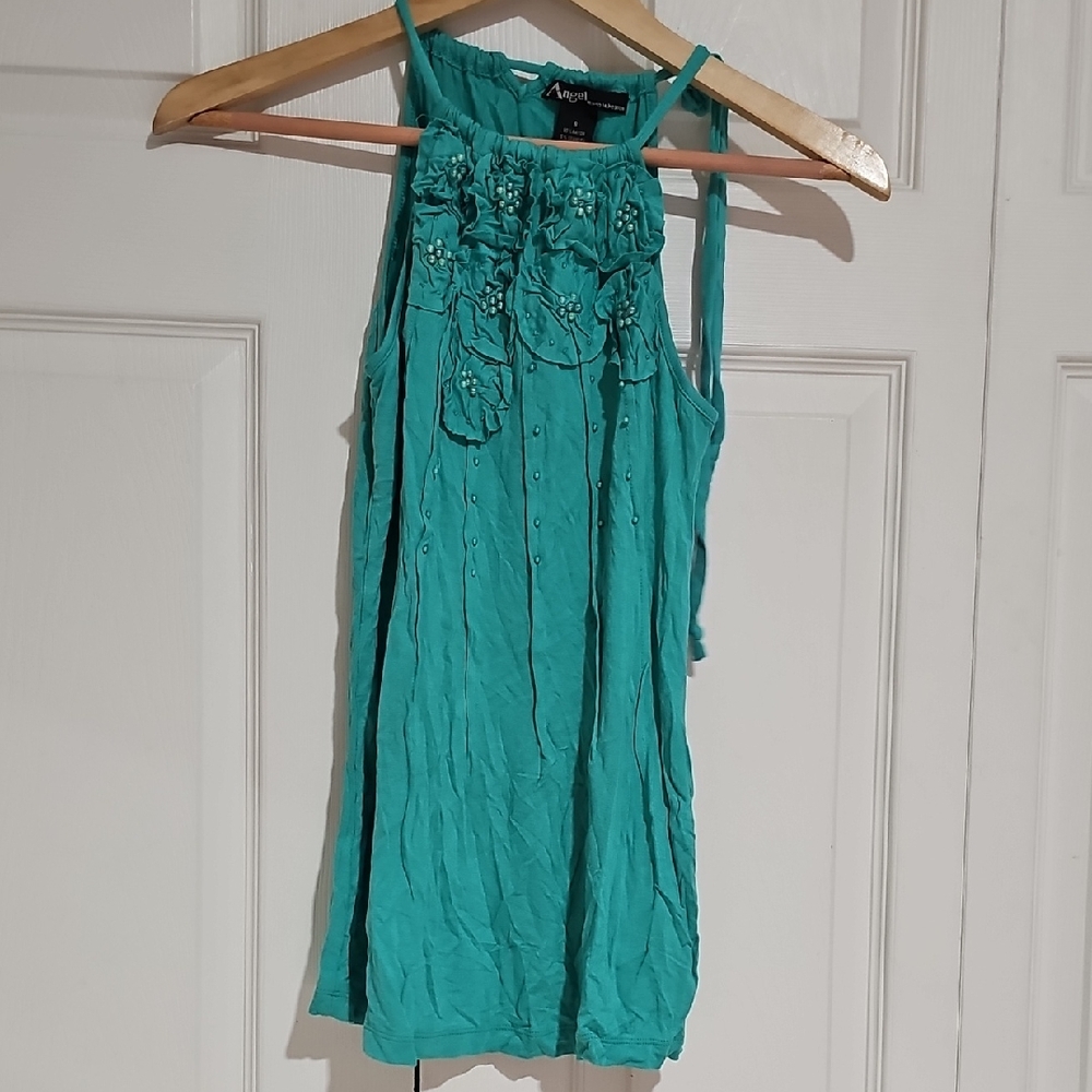 Angel Teal Beaded Floral Halter Top Size S | Y2K Boho Embellished TankPrice: